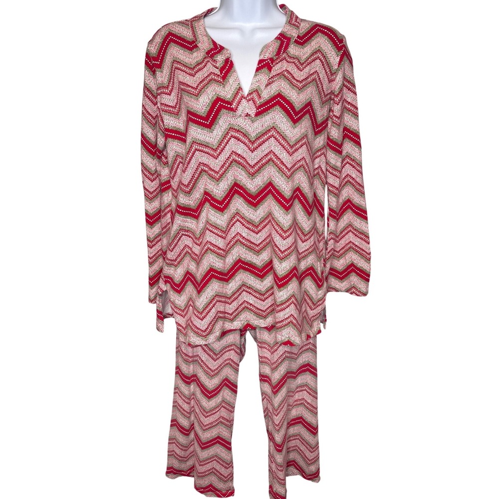BedHead Womens Red Chevron Cotton Pajama Matching Set Sz M Cozy Sleepwear Preppy